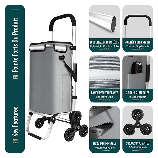 VOUNOT - Chariot de courses pliable monte escalier aluminium avec sac isotherme gris - large