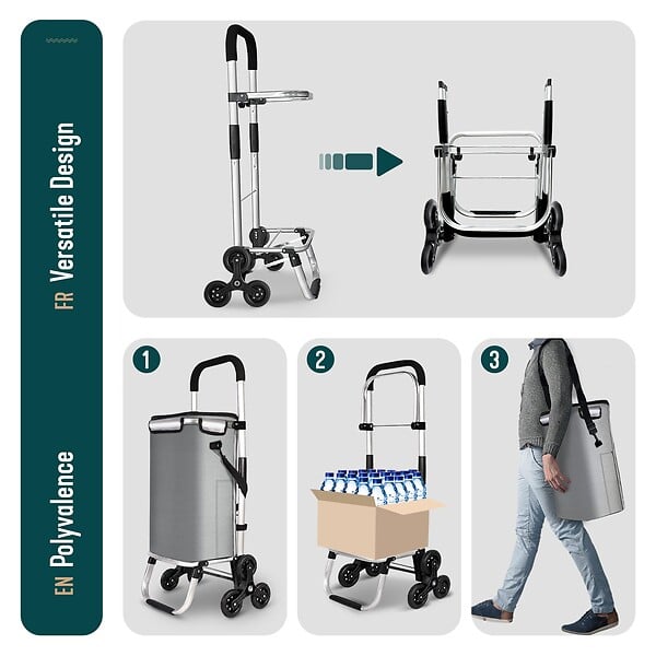 VOUNOT - Chariot de courses pliable monte escalier aluminium avec sac isotherme gris - large