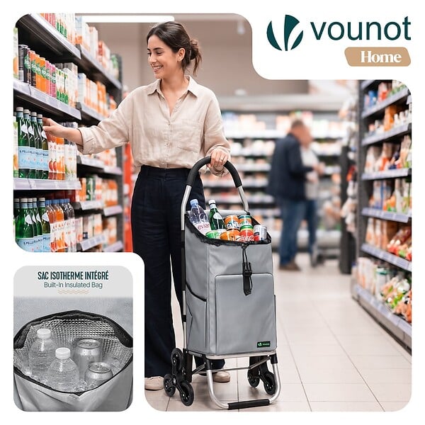 VOUNOT - Chariot de course pliable monte escalier aluminium avec crochets gris - large