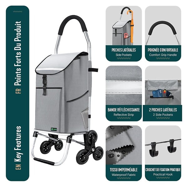 VOUNOT - Chariot de course pliable monte escalier aluminium avec crochets gris - large