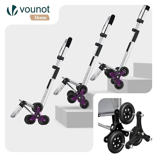 VOUNOT - Chariot de course pliable monte escalier aluminium avec crochets gris - large