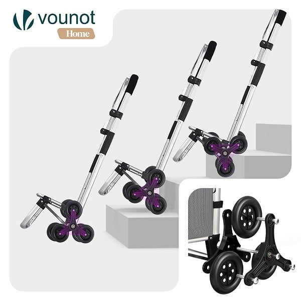 VOUNOT - Chariot de course pliable monte escalier aluminium avec crochets gris - large