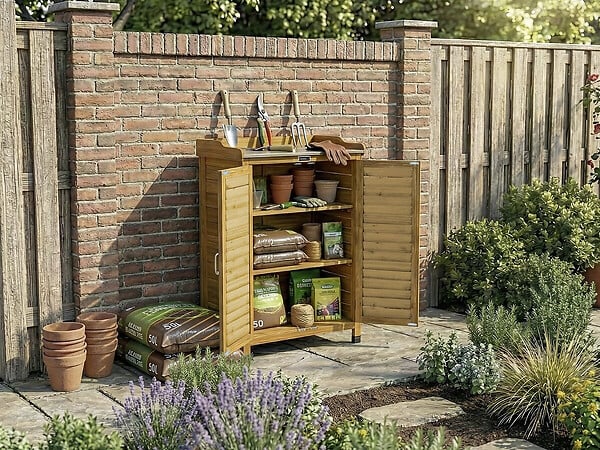 HABITAT ET JARDIN - Armoire de jardin en bois avec roulettes "Alexia" - 66 x 41 x 101 cm - Marron - large