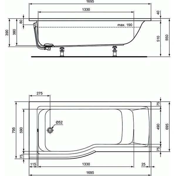 IDEAL STANDARD - IDEAL STANDARD Baignoire Connect air 170 X 80 avec Pare Bain avec volet asymétrique droite - large