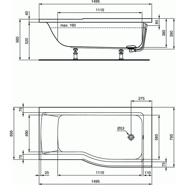 IDEAL STANDARD - IDEAL STANDARD Baignoire Connect air 150 X 80 avec Pare Bain asymétrique droite - large