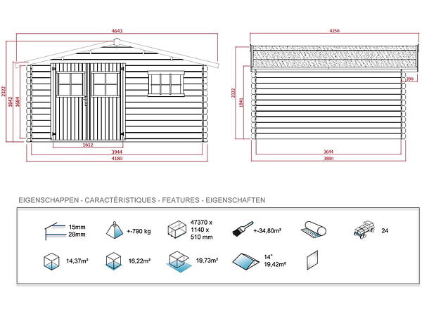 HABITAT ET JARDIN - Abri jardin bois - 19,72 m² - 4.64 x 4.25 x 2,32 m - 28 mm - large