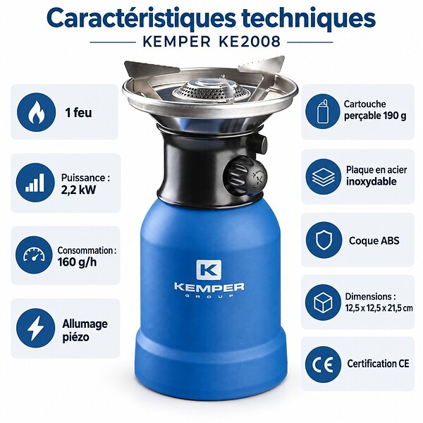 KEMPER - Réchaud gaz 2200W Coque ABS Piezo + 4 cartouches de gaz 190gr KEMPER - large