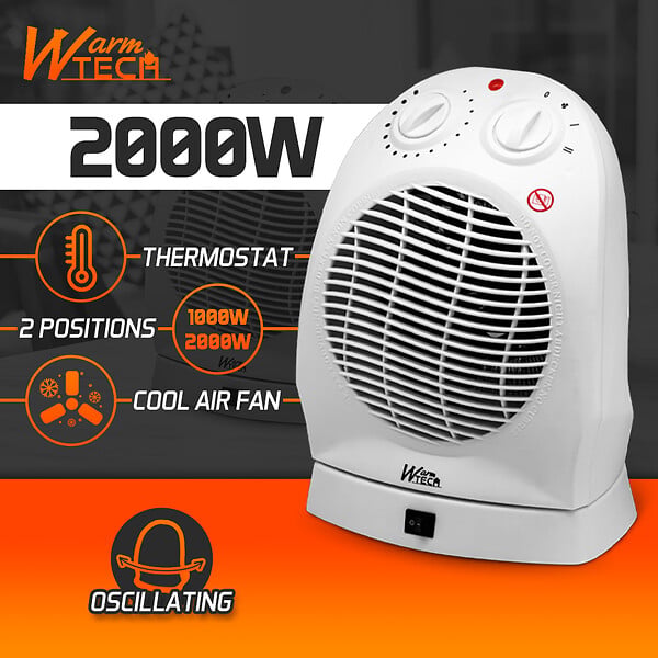WARM TECH - Radiateur soufflant 2000W oscillant avec thermostat - large
