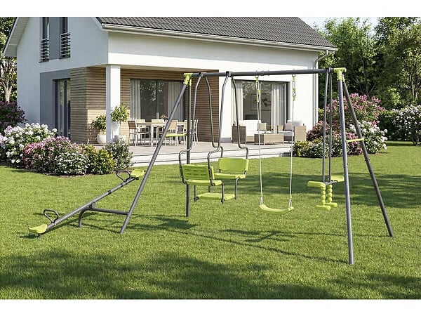 HABITAT ET JARDIN - Portique de jeu en métal avec balançoire a bascule "Lenny" - 4 agrès - Vert - large