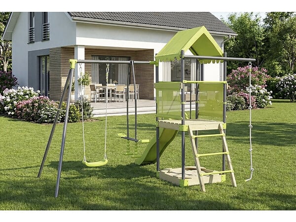 HABITAT ET JARDIN - Aire de jeu portique en métal avec toboggan et bac a sable "Sohane"  - Vert - large