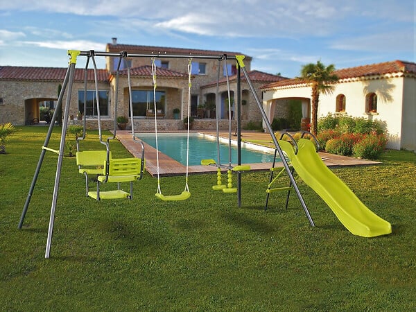 HABITAT ET JARDIN - Portique en métal avec toboggan "Ludo II" avec 4 agrès - Vert - large