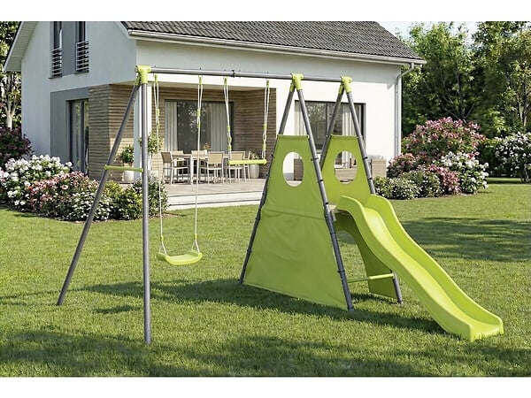 HABITAT ET JARDIN - Portique de jeu en métal avec toboggan "Kylian" - 4 agrès - Vert - large