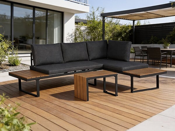 HABITAT ET JARDIN - Salon de jardin canapé d'angle modulable décor imitation bois "Sylva" - 4 places - Gris - large