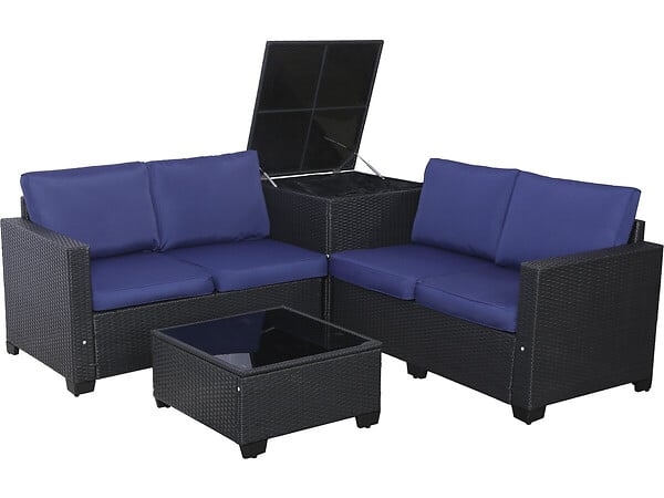 HABITAT ET JARDIN - Salon de jardin en résine tressée avec coffre de rangement "Riley" - 4 places - Bleu foncé - large