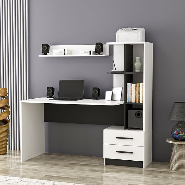 HABITAT ET JARDIN - Bureau en bois "Alaska" - 146 x 60 x 142 cm - Blanc, Noir - large