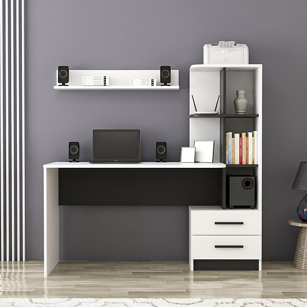 HABITAT ET JARDIN - Bureau en bois "Alaska" - 146 x 60 x 142 cm - Blanc, Noir - large
