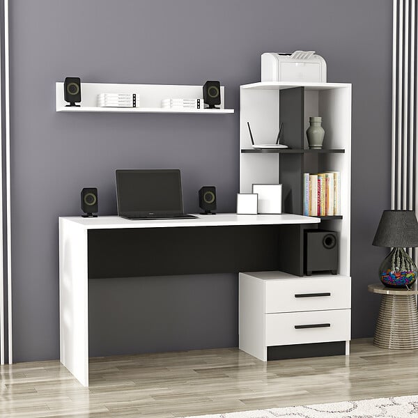 HABITAT ET JARDIN - Bureau en bois "Alaska" - 146 x 60 x 142 cm - Blanc, Noir - large