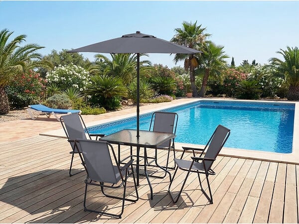 HABITAT ET JARDIN - Table et chaises de jardin avec parasol en métal "Convivia" - 4 places - Gris anthracite - large