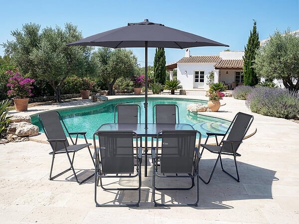 HABITAT ET JARDIN - Table et chaises de jardin avec parasol en métal "Convivia" - 6 places - Gris anthracite - large