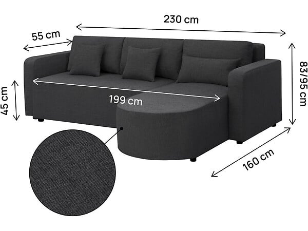 HABITAT ET JARDIN - Canapé d'angle convertible/réversible en tissu "Charles" - 3 places - Noir - large