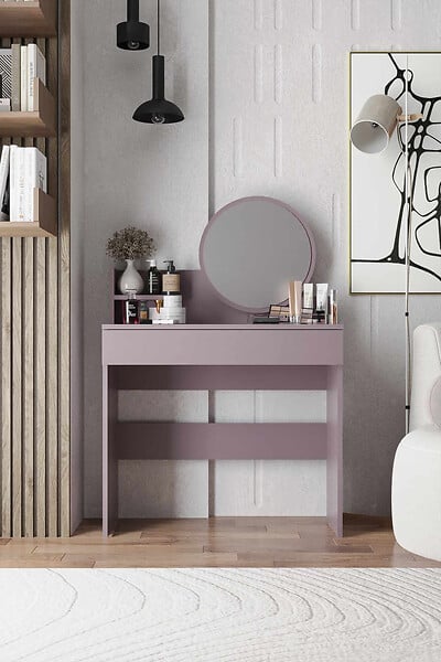 HABITAT ET JARDIN - Coiffeuse avec miroir en bois "Harmony Mini Round" - 90 x 40 x 133 cm - Violet - large