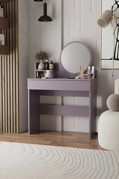 HABITAT ET JARDIN - Coiffeuse avec miroir en bois "Harmony Mini Round" - 90 x 40 x 133 cm - Violet - large