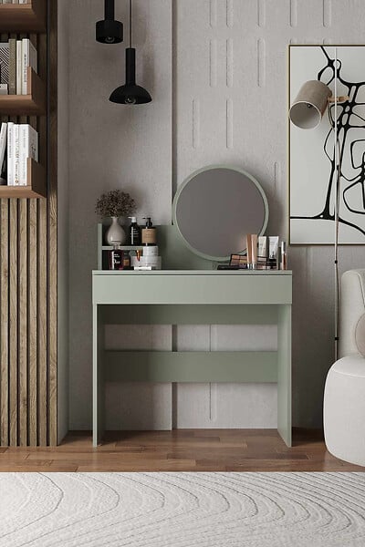 HABITAT ET JARDIN - Coiffeuse avec miroir en bois "Harmony Mini Round" - 90 x 40 x 133 cm - Vert - large