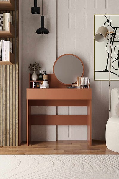 HABITAT ET JARDIN - Coiffeuse avec miroir en bois "Harmony Mini Round" - 90 x 40 x 133 cm - Terracotta - large