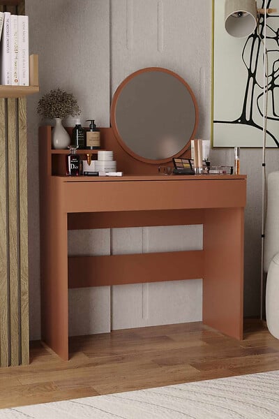 HABITAT ET JARDIN - Coiffeuse avec miroir en bois "Harmony Mini Round" - 90 x 40 x 133 cm - Terracotta - large