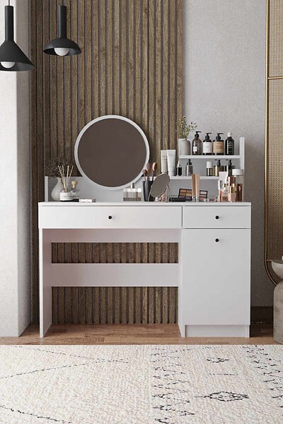 HABITAT ET JARDIN - Coiffeuse avec miroir rond en bois "Harmony Round" - 124 x 40 x 135 cm - Blanc - large