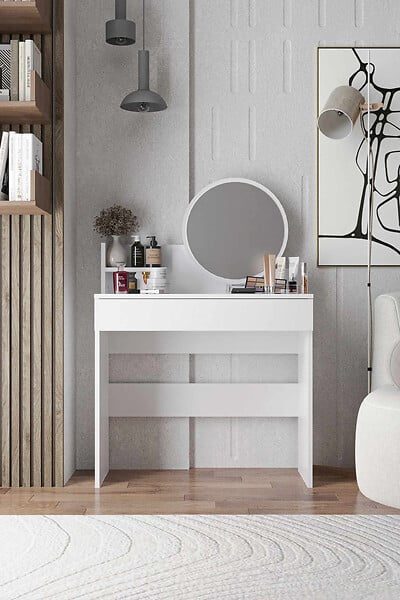 HABITAT ET JARDIN - Coiffeuse avec miroir en bois "Harmony Mini Round" - 90 x 40 x 133 cm - Blanc - large