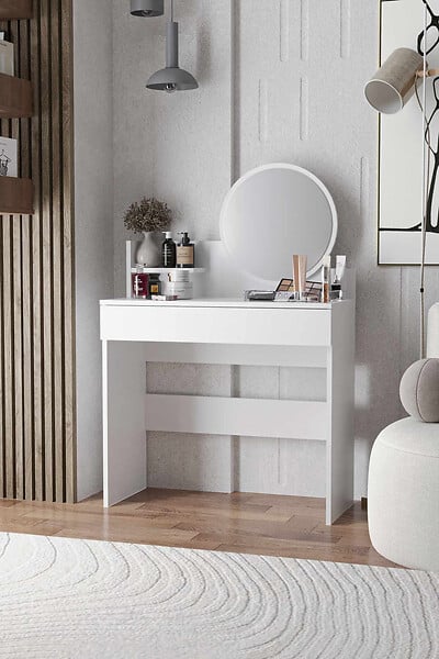 HABITAT ET JARDIN - Coiffeuse avec miroir en bois "Harmony Mini Round" - 90 x 40 x 133 cm - Blanc - large