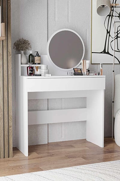 HABITAT ET JARDIN - Coiffeuse avec miroir en bois "Harmony Mini Round" - 90 x 40 x 133 cm - Blanc - large