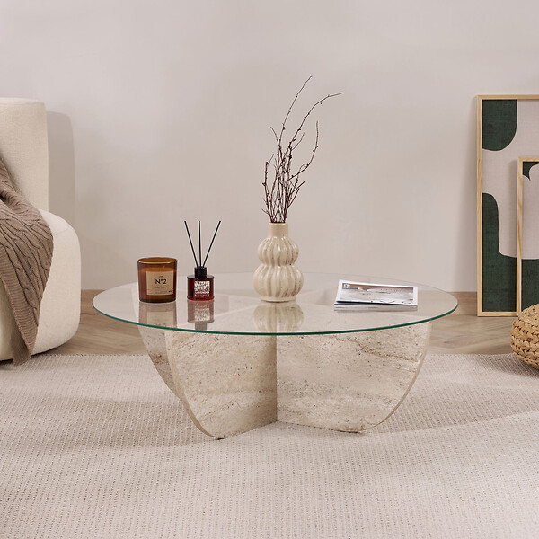 HABITAT ET JARDIN - Table basse en verre "Liya" 90 x 90 x 30 cm - Travertin - large