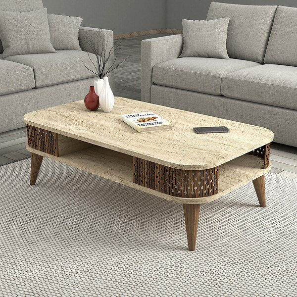 HABITAT ET JARDIN - Table basse en bois "Eylul" - 105 x 60 x 35 cm - Travertin - large