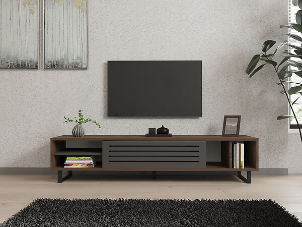HABITAT ET JARDIN - Meuble TV en bois "Eray" - 160 x 40 x 35 cm - Noyer, Anthracite - large
