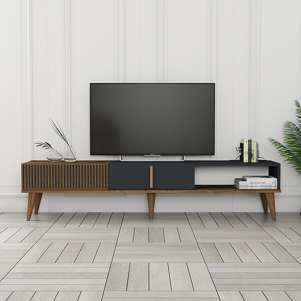 HABITAT ET JARDIN - Meuble TV en bois "Milan" - 180 x 35 x 40 cm - Noyer, Anthracite - large
