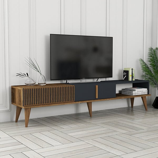 HABITAT ET JARDIN - Meuble TV en bois "Milan" - 180 x 35 x 40 cm - Noyer, Anthracite - large