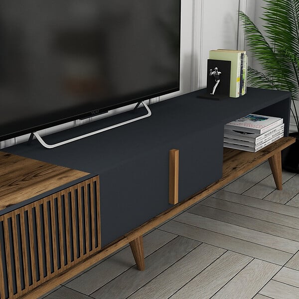 HABITAT ET JARDIN - Meuble TV en bois "Milan" - 180 x 35 x 40 cm - Noyer, Anthracite - large