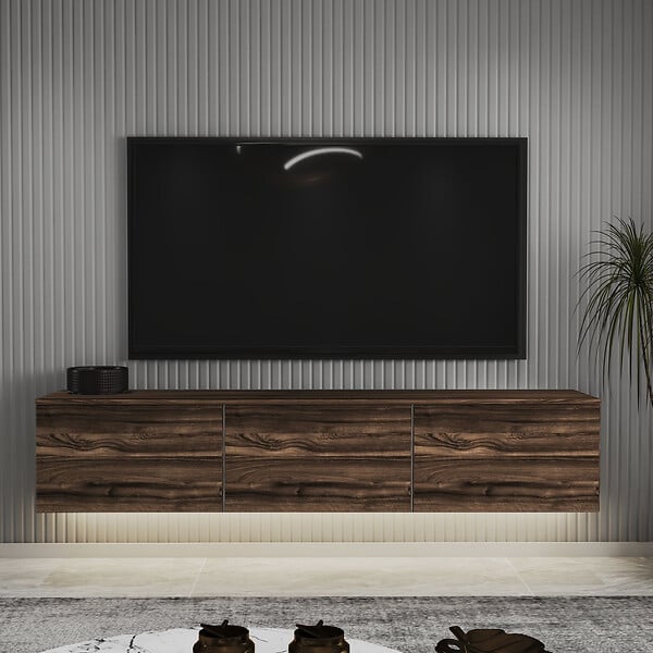 HABITAT ET JARDIN - Meuble TV suspendu en bois avec éclairage LED "Neon" - 160 x 32 x 35 cm - Marron - large