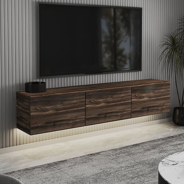 HABITAT ET JARDIN - Meuble TV suspendu en bois avec éclairage LED "Neon" - 160 x 32 x 35 cm - Marron - large