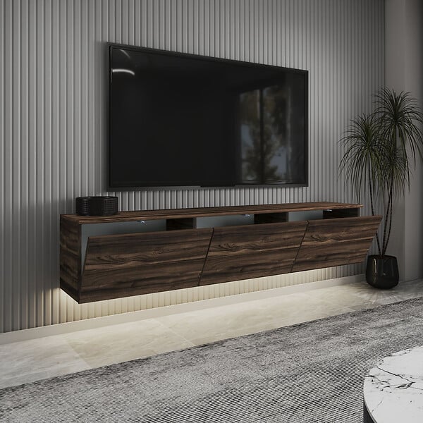 HABITAT ET JARDIN - Meuble TV suspendu en bois avec éclairage LED "Neon" - 160 x 32 x 35 cm - Marron - large