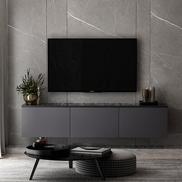 HABITAT ET JARDIN - Meuble TV suspendu en bois avec éclairage LED "Neon" - 160 x 32 x 35 cm - Gris anthracite - large