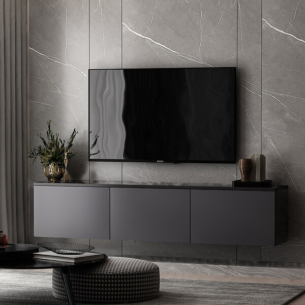 HABITAT ET JARDIN - Meuble TV suspendu en bois avec éclairage LED "Neon" - 160 x 32 x 35 cm - Gris anthracite - large