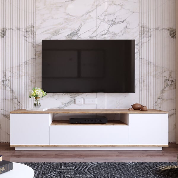 HABITAT ET JARDIN - Meuble TV en bois "FR7" - 180 x 44 x 44 cm - Pin atlantiqueBlanc - large