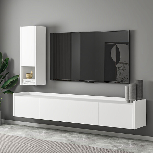 HABITAT ET JARDIN - Meuble TV avec étagère murale en bois "Sema" - 160 x 30 x 35 cm - Blanc - large