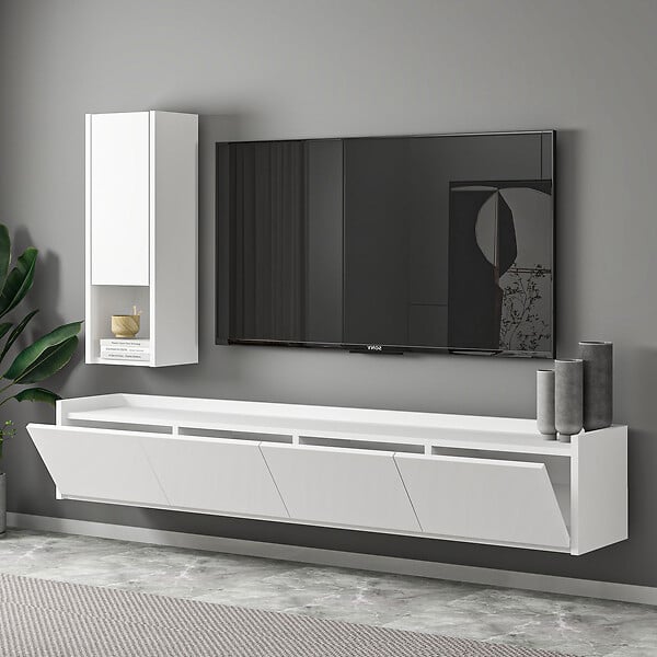 HABITAT ET JARDIN - Meuble TV avec étagère murale en bois "Sema" - 160 x 30 x 35 cm - Blanc - large