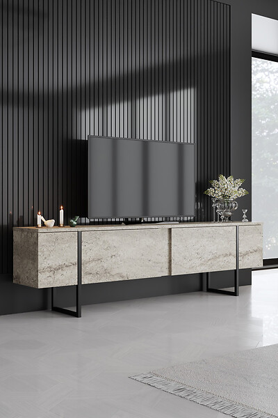 HABITAT ET JARDIN - Meuble TV en bois "Luxe" - 180 x 30 x 50 cm - TravertinNoir - large