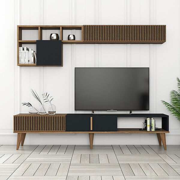 HABITAT ET JARDIN - Meuble TV en bois "Milan" - 180 x 35 x 40 cm - Noyer, Anthracite - large