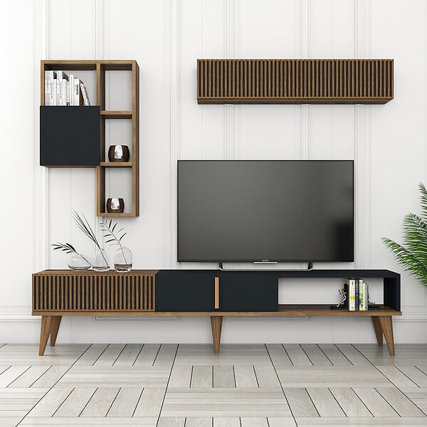 HABITAT ET JARDIN - Meuble TV en bois "Milan" - 180 x 35 x 40 cm - Noyer, Anthracite - large